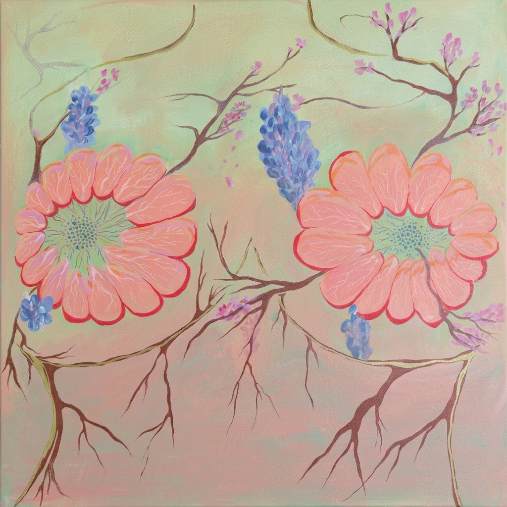 Bloom & Branches — coral flowers and lavender on a soft green and peach canvas