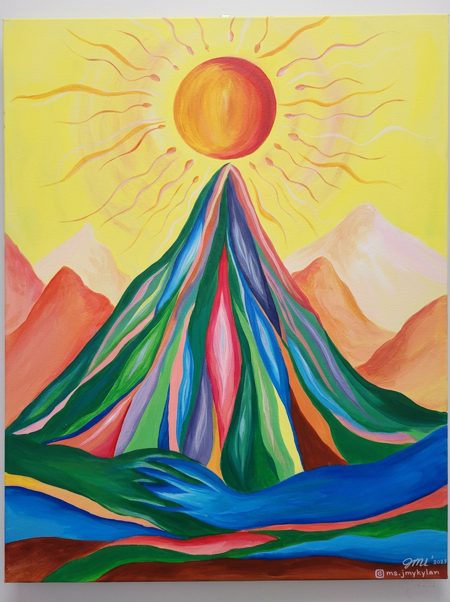 Rising Sun — colorful mountain with sun, rivers and bold stripes