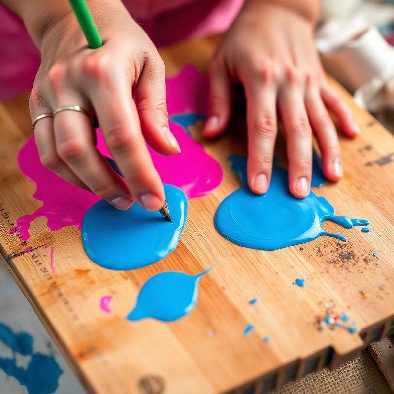Hands mixing pink and blue paint